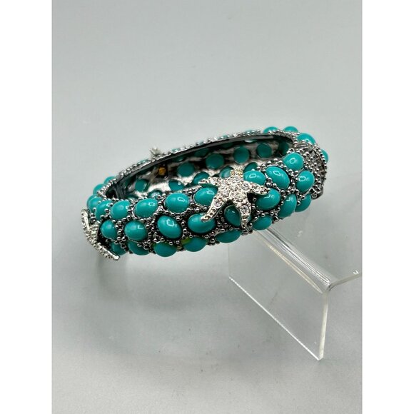 Sea Life Hinged Clamper Bangle Turquoise Cabochon Rhinestones Star Fish Unsigned - Picture 3 of 11